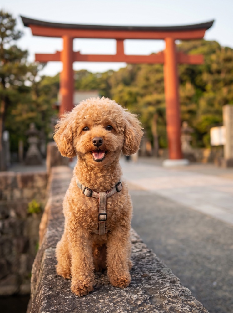 鶴岡八幡宮の鳥居前に座るトイプードル