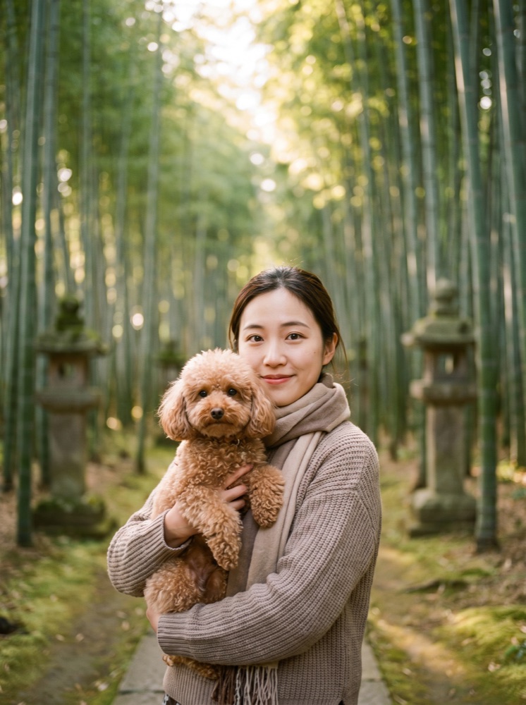 竹林の道で愛犬を抱っこする女性